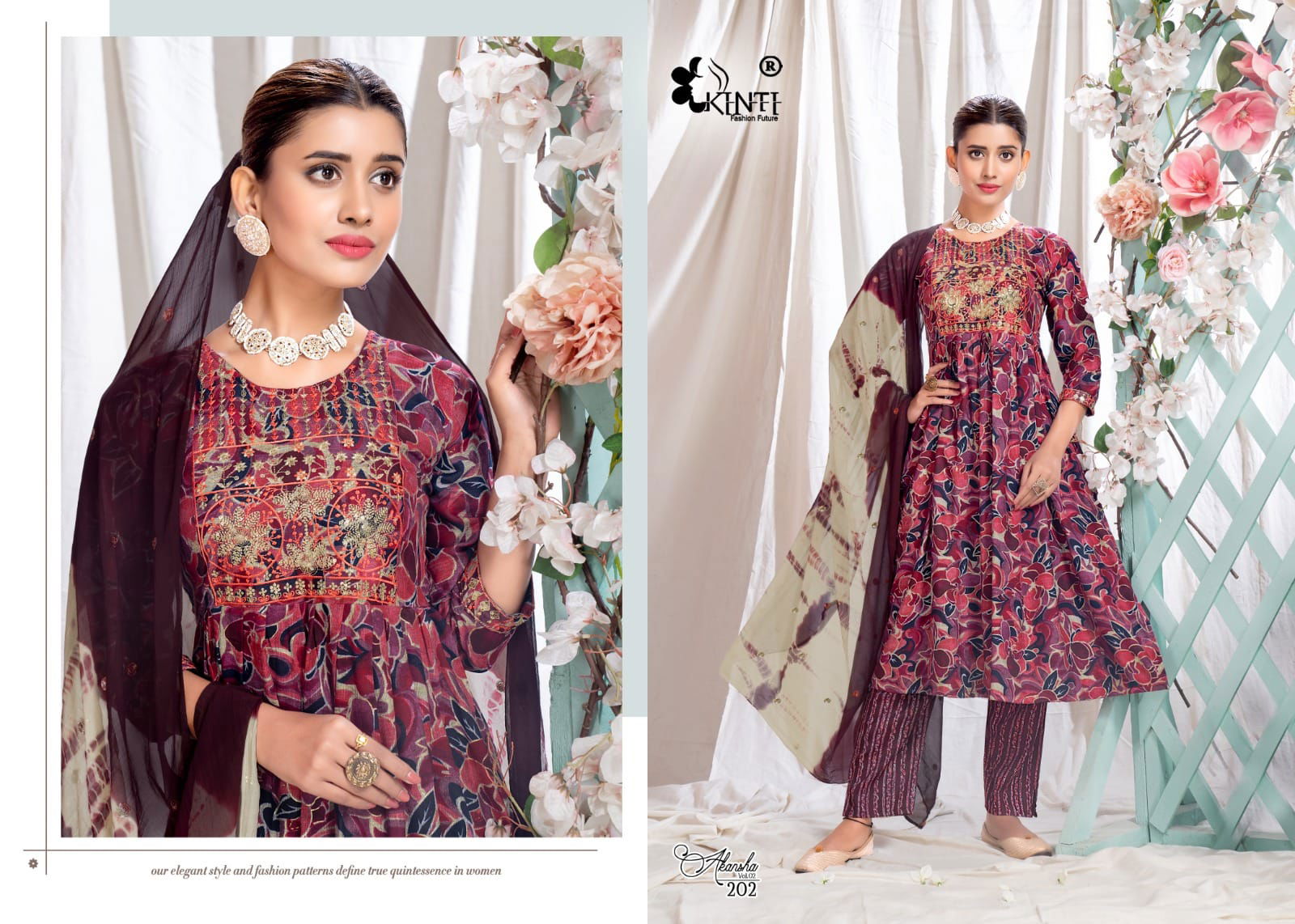 Akansha Vol 2 By Kinti Printed Naira Cut Kurti With Bottom With Dupatta 
